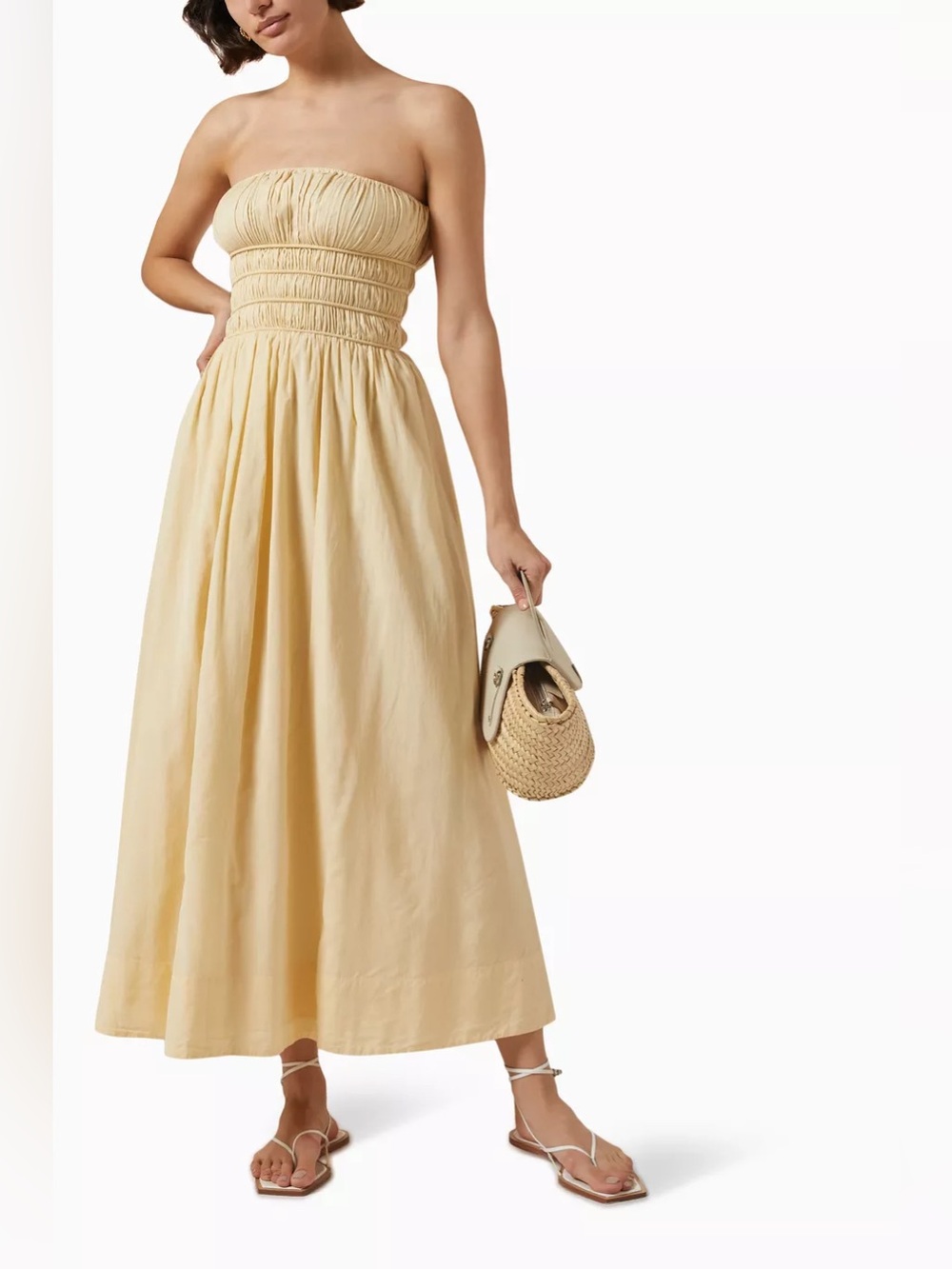 Posse Strapless Shirred Maxi Dress in Pale Yellow